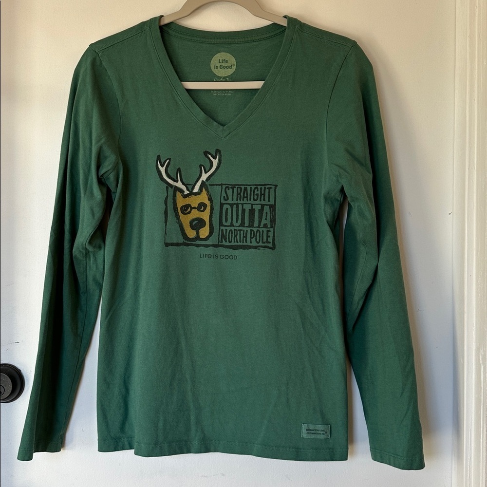 LIFE IS GOOD LONG SLEEVE adult small REINDEER TEE straight outta northpole